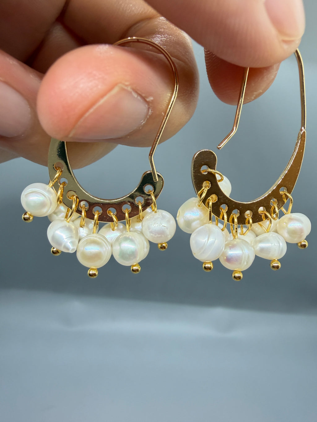 Freshwater Pearl Hoop Earrings with Gold-Tone Fringe