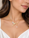 Gold Color Hummingbird Lariat Necklace with Freshwater Pearl | Elegant Nature-Inspired Jewelry