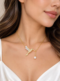 Gold Hummingbird Lariat Necklace with Freshwater Pearl, Y-Shape Nature Inspired Pendant, Gift for Her