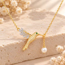 Gold Hummingbird Lariat Necklace with Freshwater Pearl, Y-Shape Nature Inspired Pendant, Gift for Her