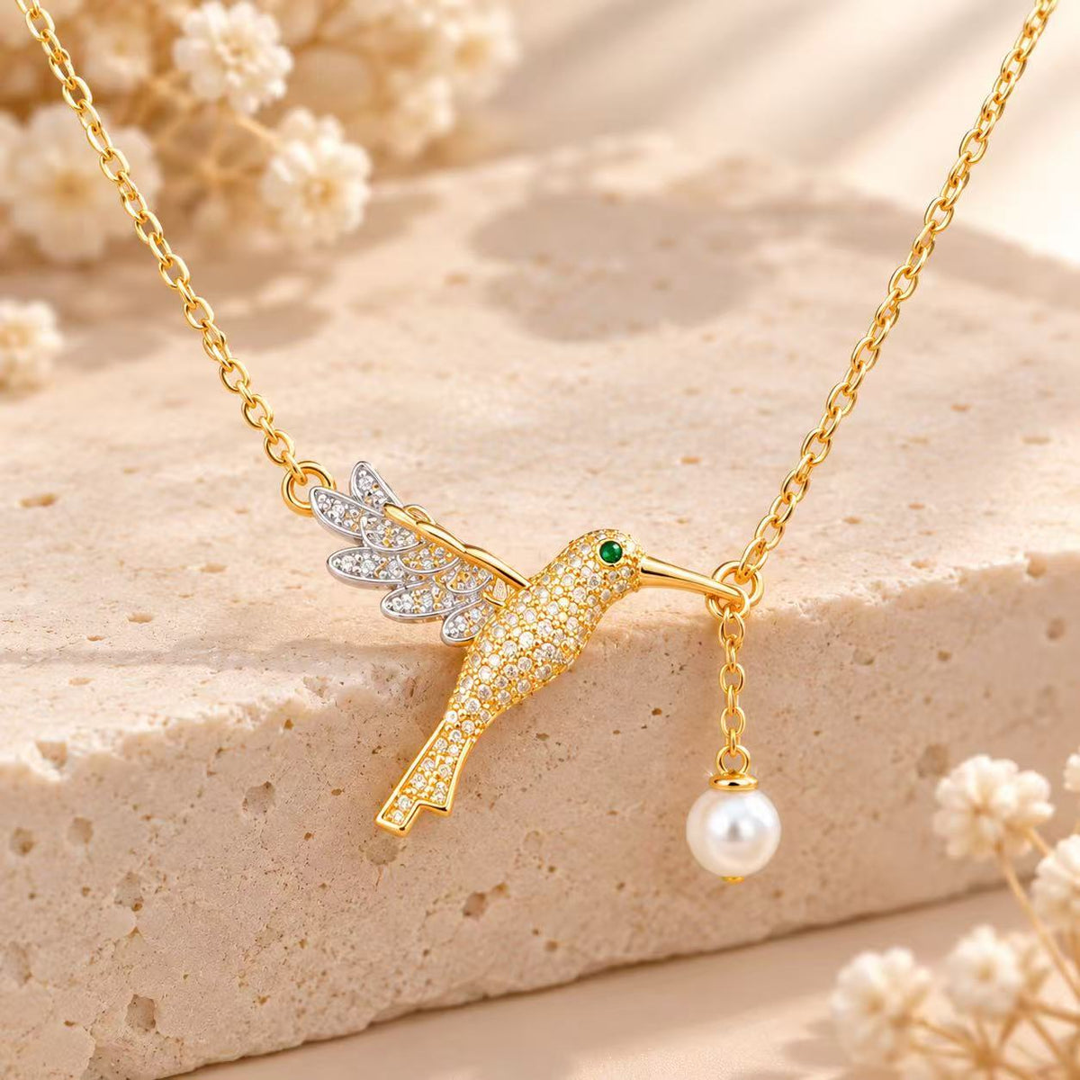 Gold Color Hummingbird Lariat Necklace with Freshwater Pearl | Elegant Nature-Inspired Jewelry