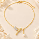 Gold Hummingbird Lariat Necklace with Freshwater Pearl, Y-Shape Nature Inspired Pendant, Gift for Her