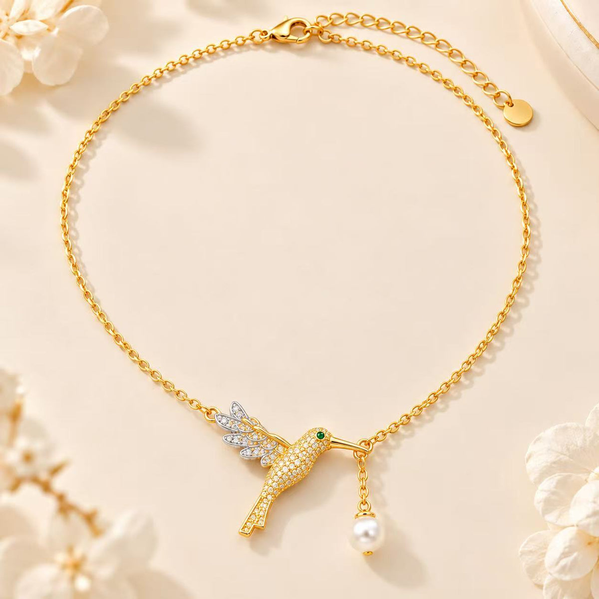 Gold Color Hummingbird Lariat Necklace with Freshwater Pearl | Elegant Nature-Inspired Jewelry