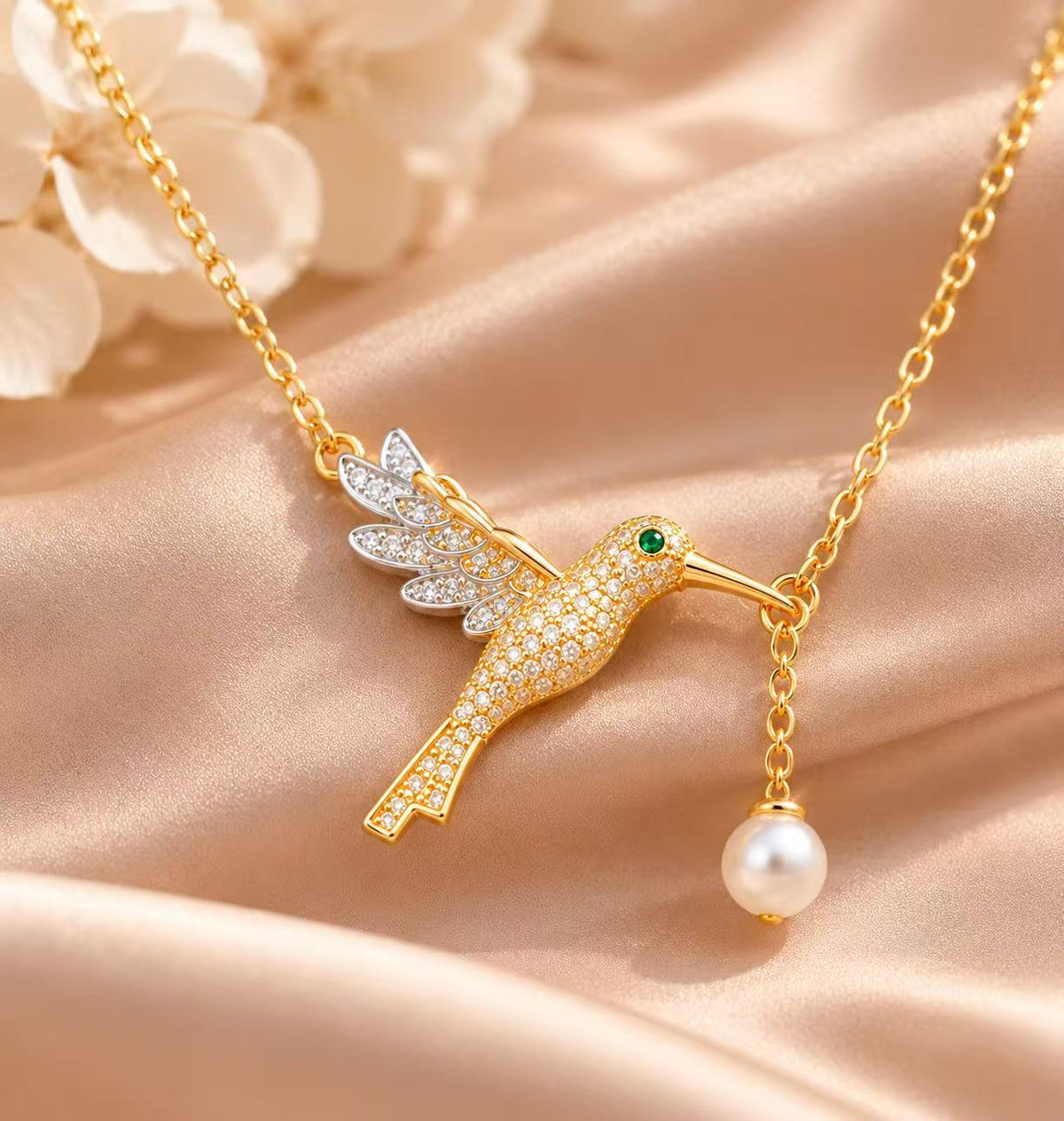Gold Hummingbird Lariat Necklace with Freshwater Pearl, Y-Shape Nature Inspired Pendant, Gift for Her