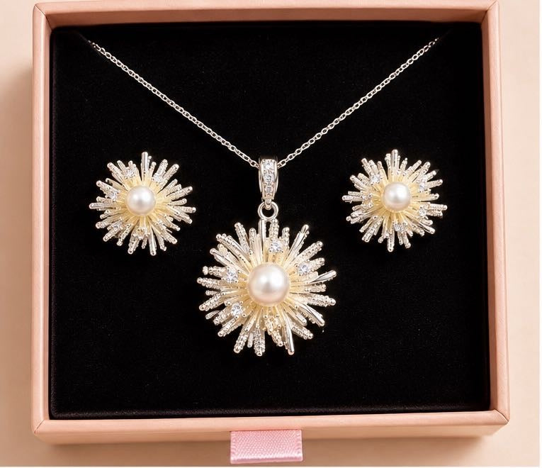 Freshwater Pearl Flower Jewelry Set, Floral Necklace and Earrings Set, Elegant Bridal Gift for Her