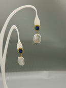 Blue crystal freshwater pearl drop earrings, front view, gold oval dangle earrings