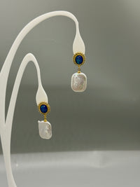Blue crystal freshwater pearl drop earrings, front view, gold oval dangle earrings
