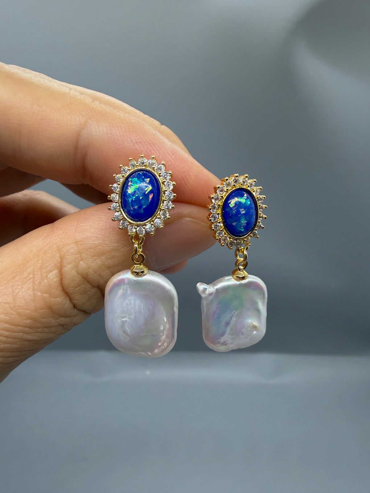 Gold Blue Crystal look Freshwater Pearl Drop Earrings Elegant Oval Statement Earrings for Women