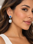 Pair of blue crystal freshwater pearl drop earrings, gold oval statement dangles
