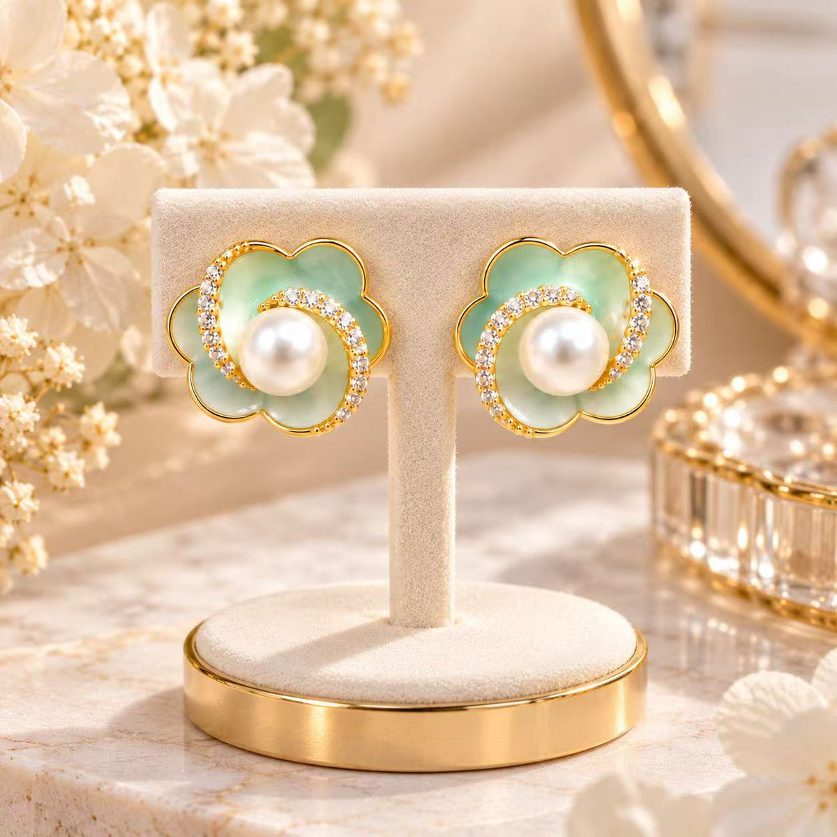 Gold Floral Freshwater Pearl Earrings Elegant Flower Stud Earrings for Women