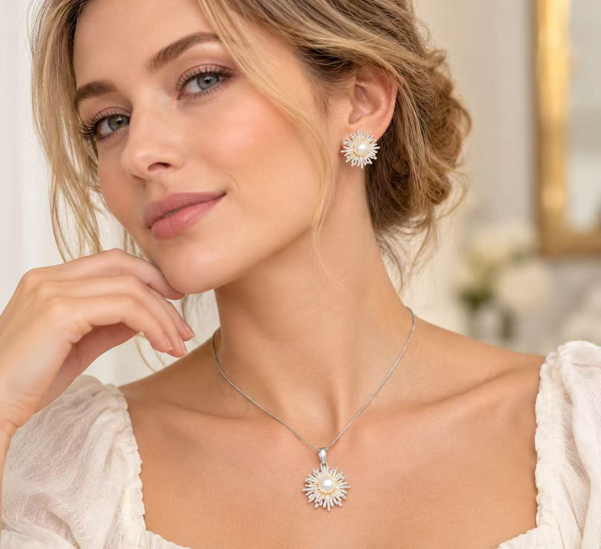 Freshwater Pearl Flower Jewelry Set Elegant Floral Necklace & Earrings Set gift for her holiday gift