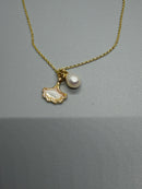 Gold ginkgo leaf pendant necklace with mother of pearl and freshwater pearl charm
