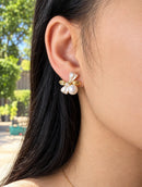 Gold bow pearl jewelry set, bow earrings worn on model