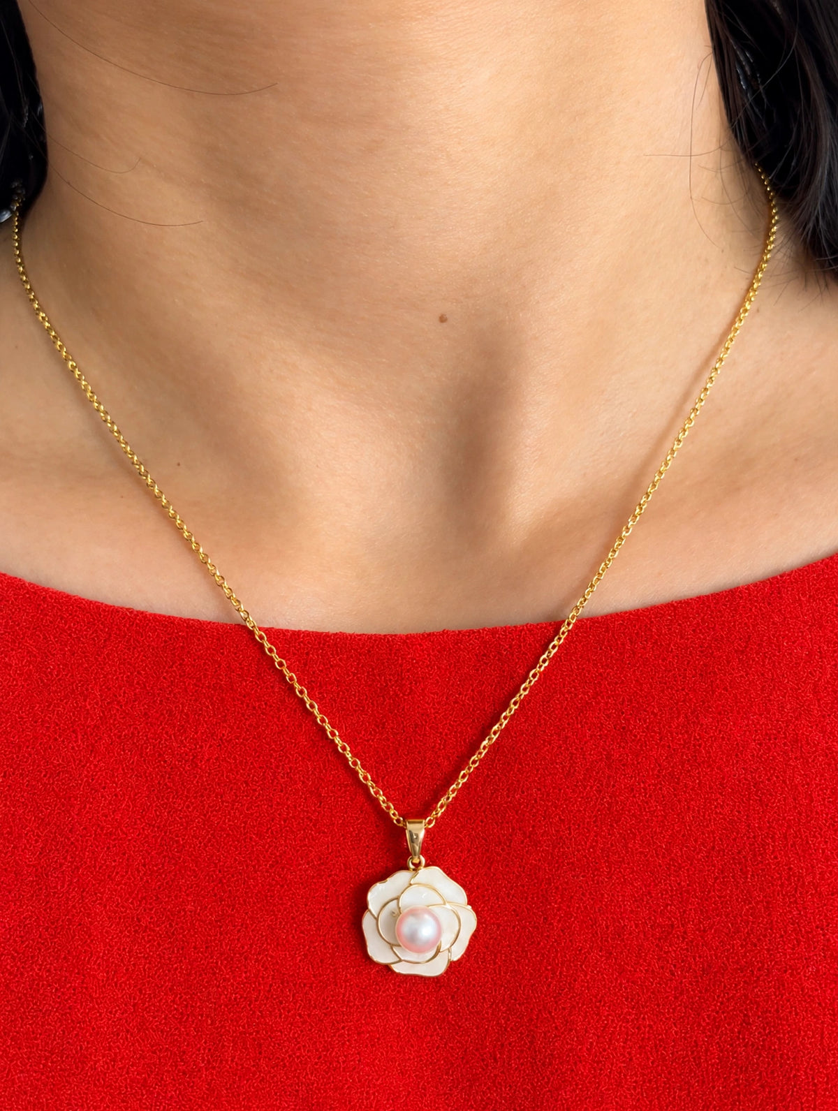Camellia Pearl Jewelry Set, Gold Plated Flower Necklace, Earrings & Ring