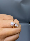 Freshwater pearl ginkgo ring worn on finger, gold plated pearl ring with mother of pearl leaf inlay