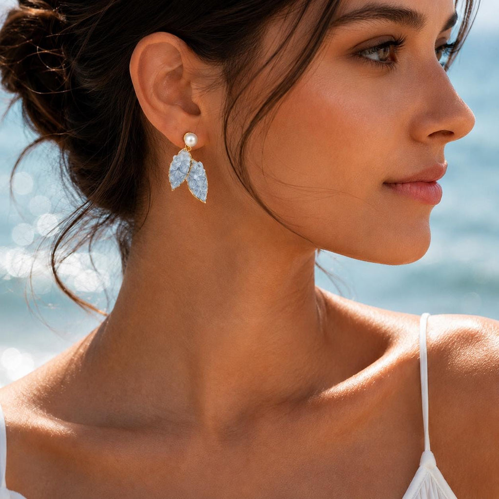 Freshwater Pearl Crystal Leaf Earrings - Blue