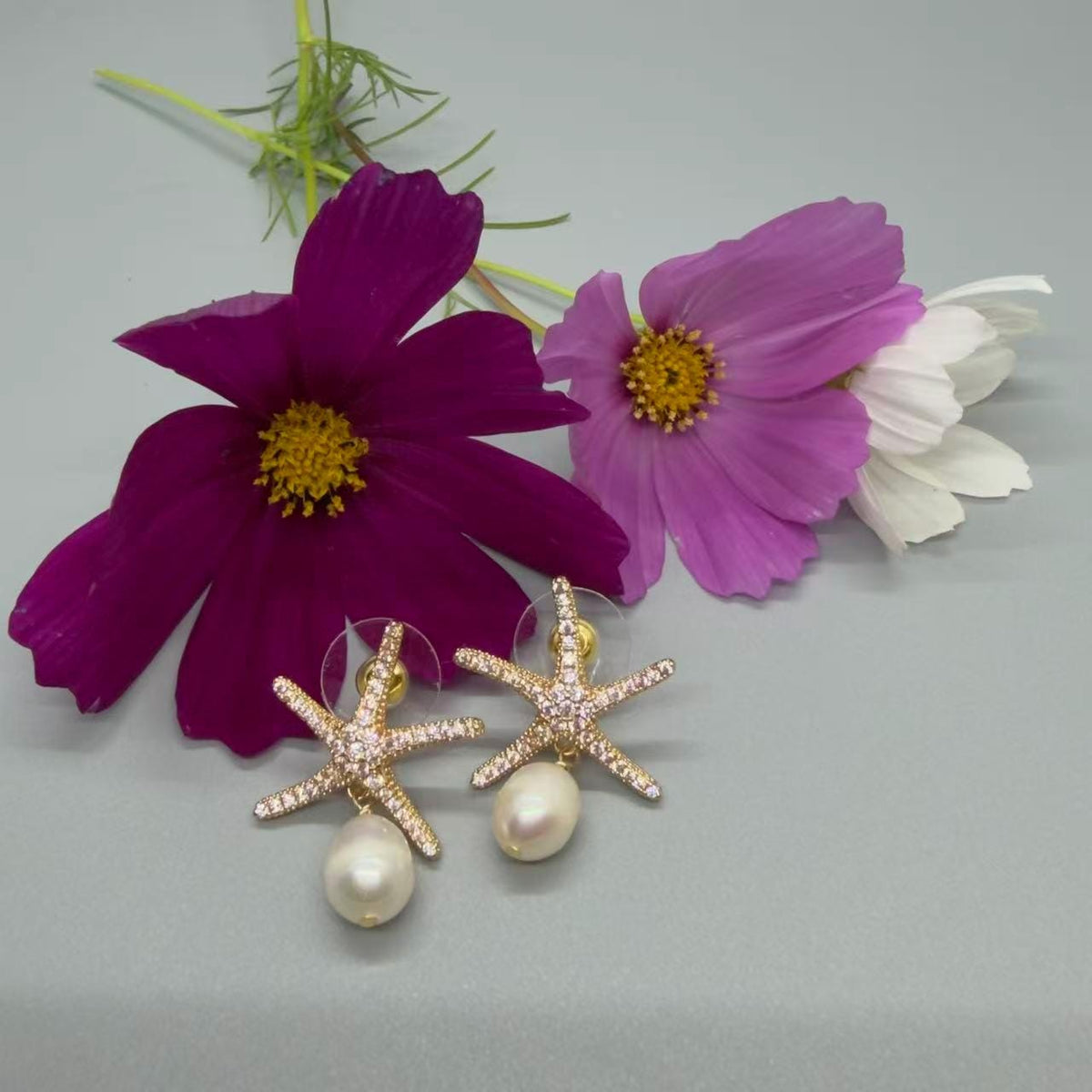 Freshwater Pearl Starfish Stud Earrings, Gold Plated Cubic Zirconia