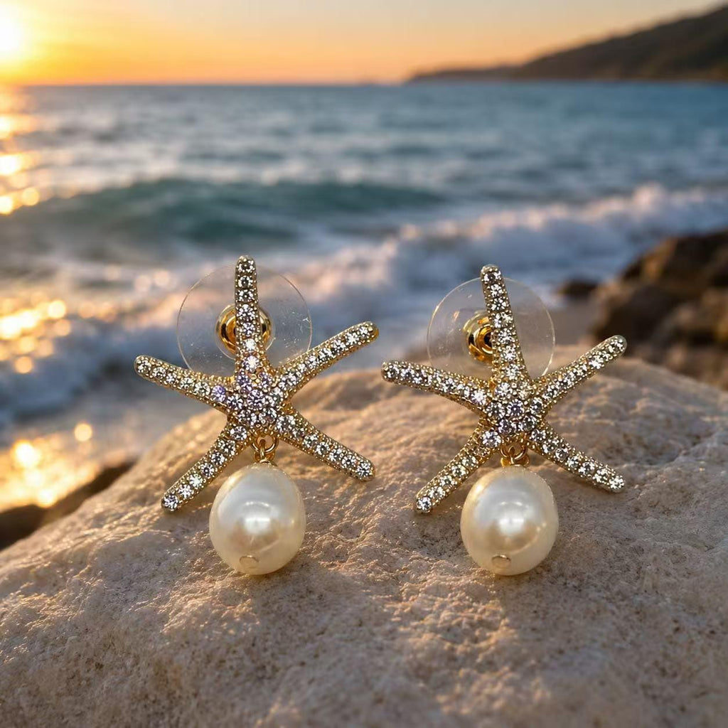 Freshwater Pearl Starfish Stud Earrings, Gold Plated Cubic Zirconia