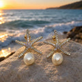 Freshwater Pearl Starfish Stud Earrings, Gold Plated Cubic Zirconia