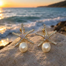 Freshwater Pearl Starfish Stud Earrings, Gold Plated Cubic Zirconia Ocean Jewelry, Beach Wedding Gift for Her