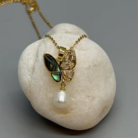 Freshwater Pearl Butterfly Jewelry Set, Gold Plated Crystal Necklace Earrings and Ring, Gift for Her