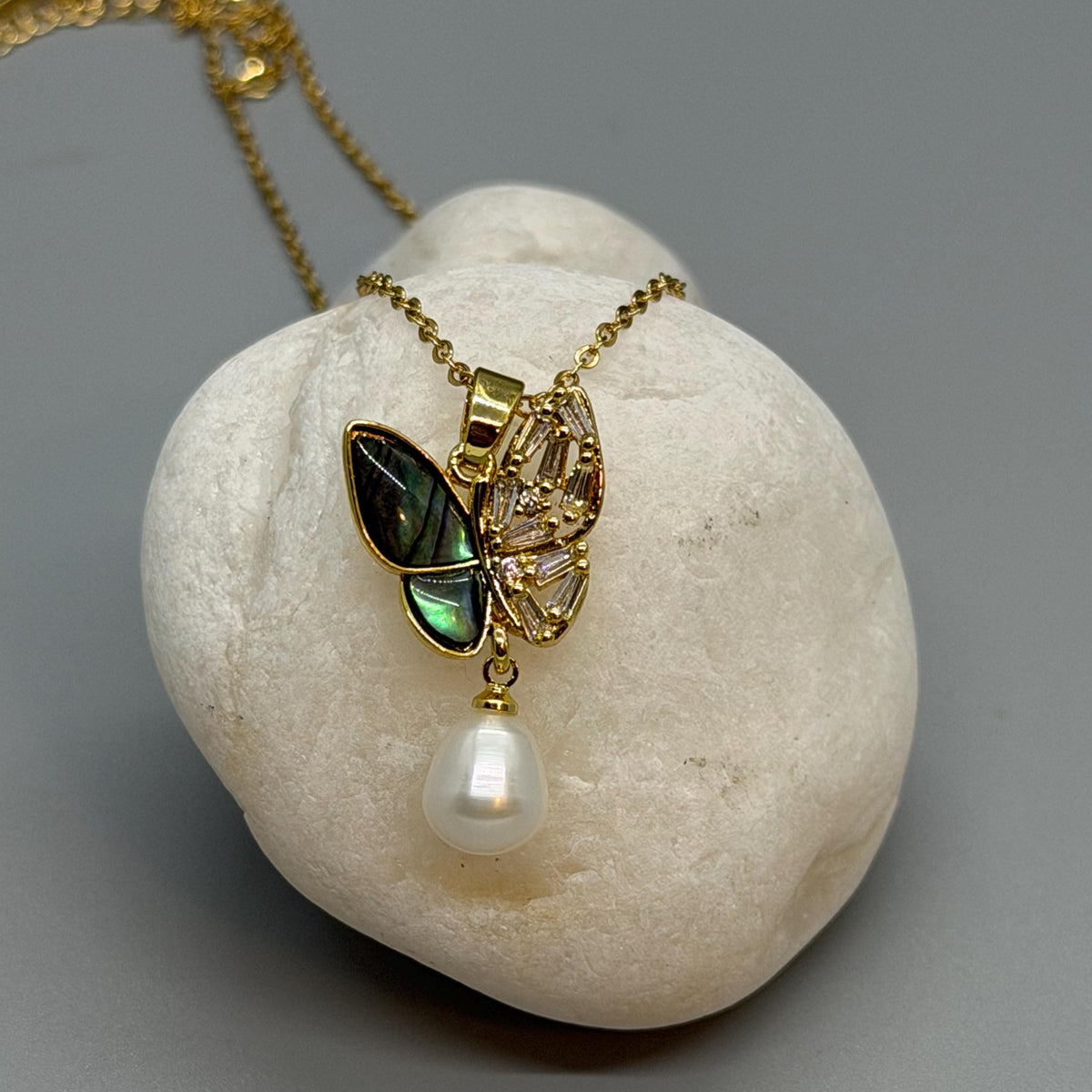 Freshwater Pearl Butterfly Jewelry Set, Gold Plated Crystal Necklace Earrings and Ring, Gift for Her