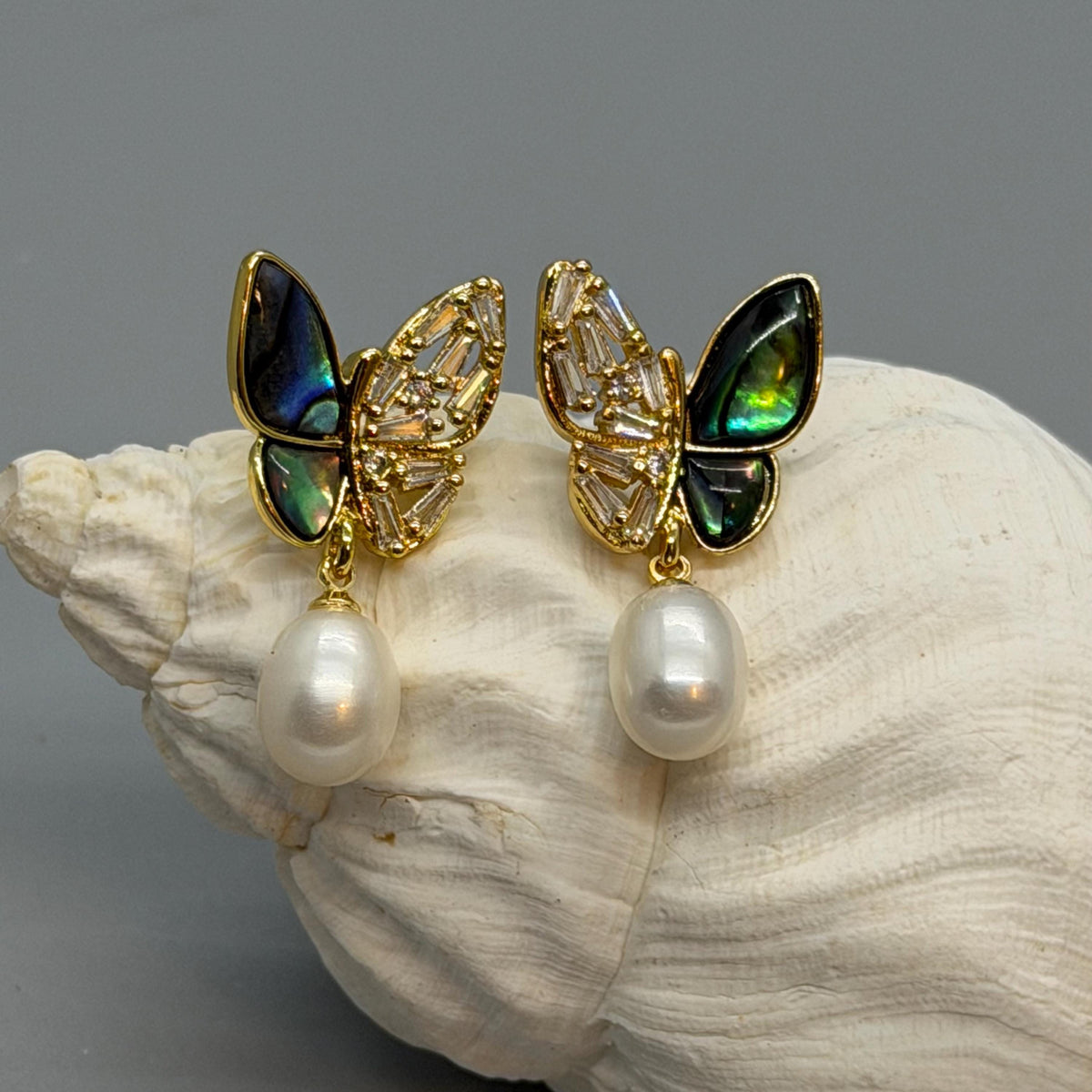 Freshwater Pearl Butterfly Jewelry Set, Gold Plated Crystal Necklace Earrings and Ring, Gift for Her