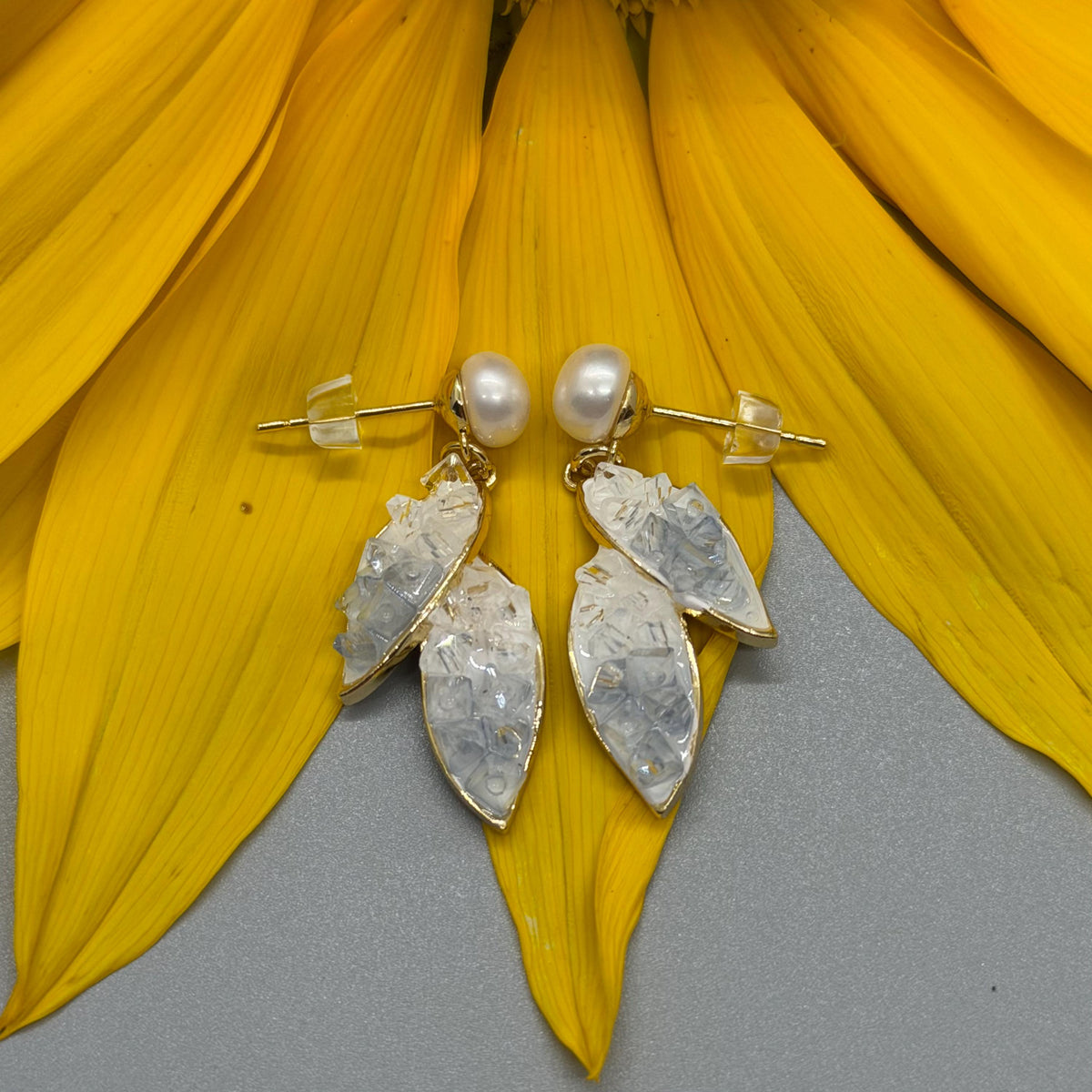 Freshwater Pearl Crystal Leaf Earrings - Blue
