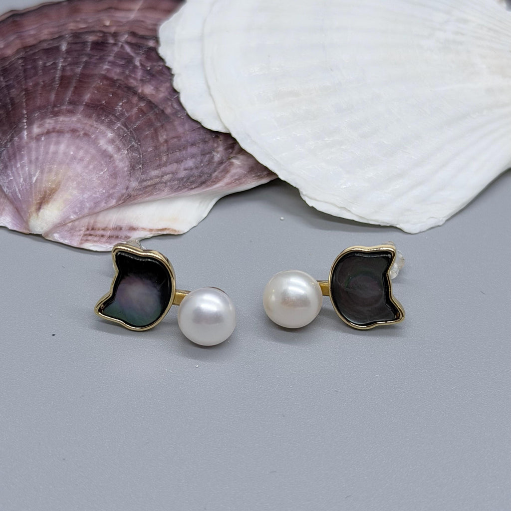 Minimalist Pearl Jewelry Set, Modern Shell Earrings & Necklace, Gold Statement Jewelry