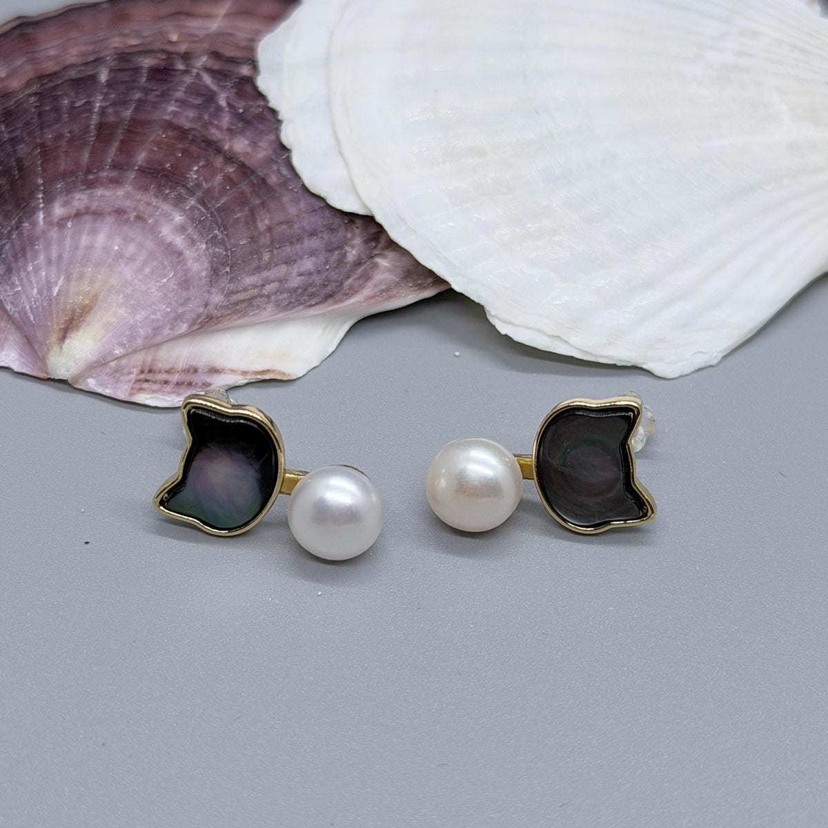 Minimalist Pearl Jewelry Set, Modern Shell Earrings & Necklace, Gold Statement Jewelry