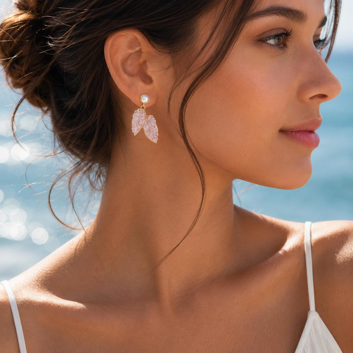 Pink Freshwater Pearl Crystal Leaf Earrings, Gold Plated CZ Dangle Earrings, Dainty Gift for Women