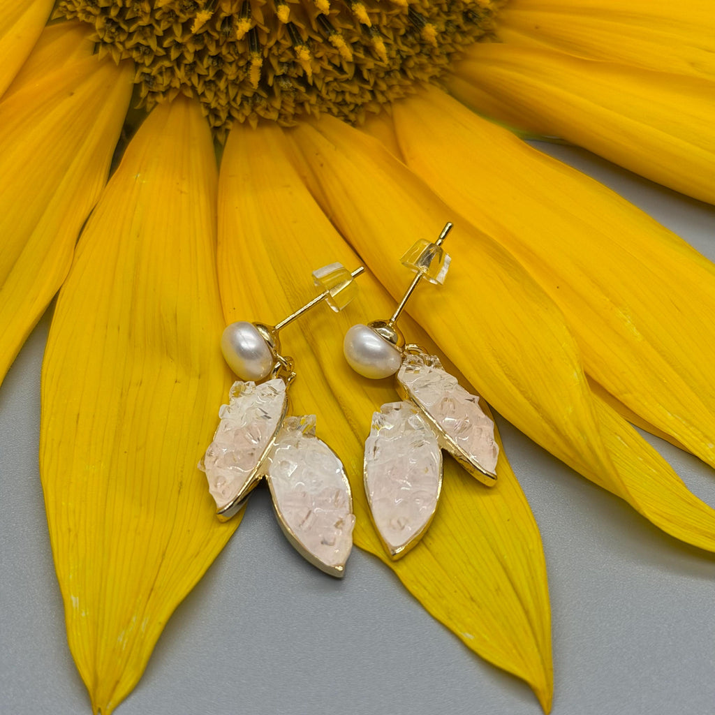 Freshwater Pearl Crystal Leaf Earrings - Pink