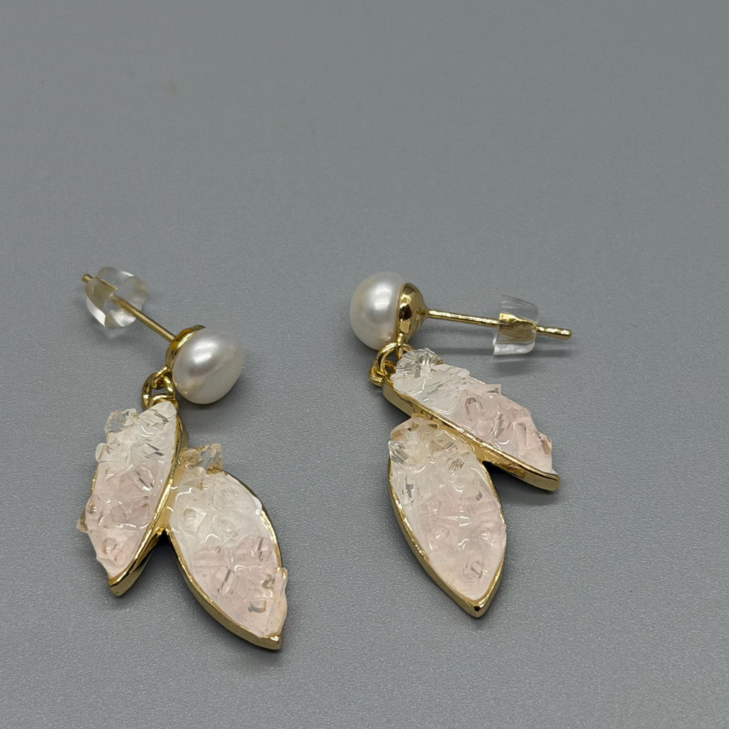 Freshwater Pearl Crystal Leaf Earrings - Pink