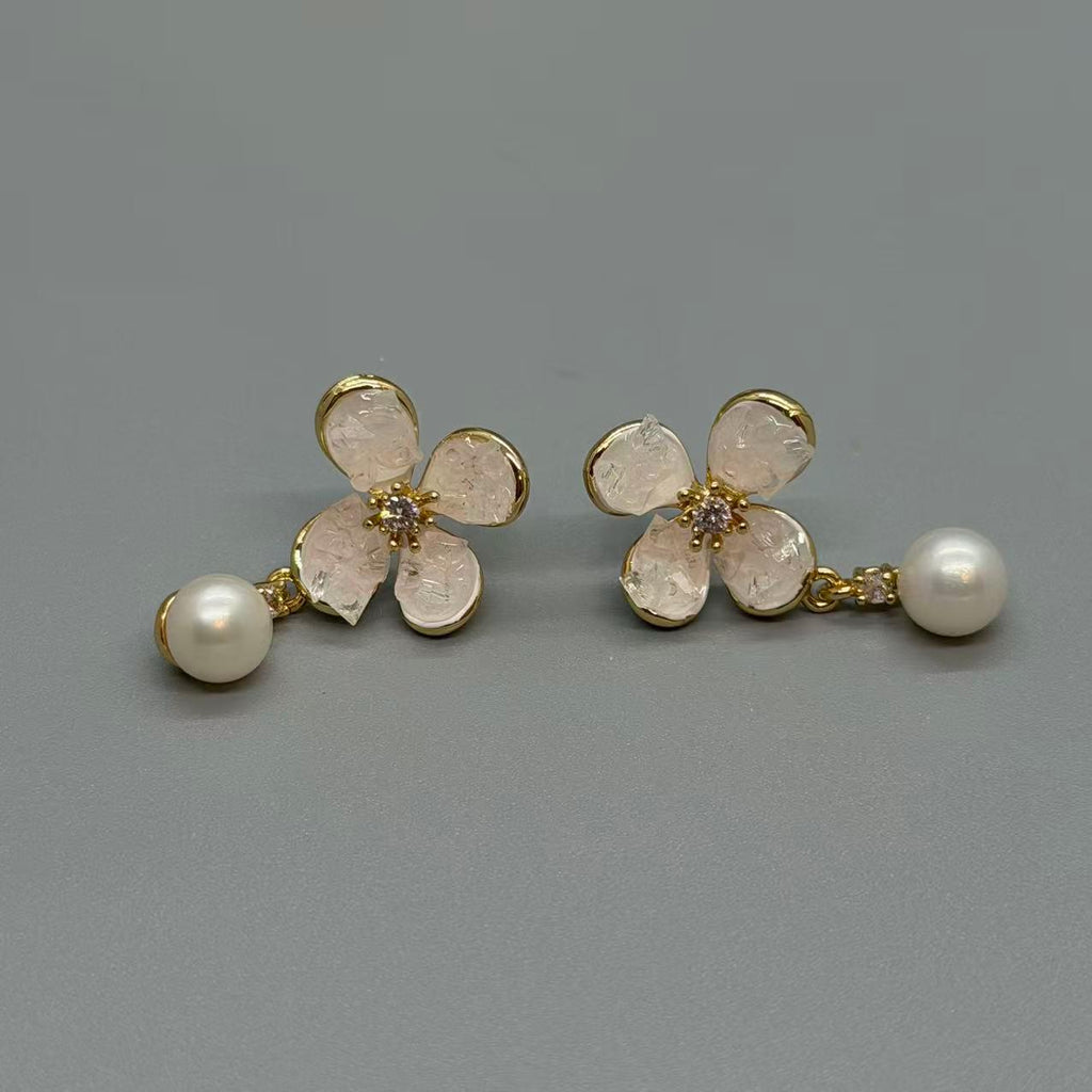 Flower Pearl Drop Earrings, Gold Floral Dangle Earrings, Elegant Bridal Jewelry,