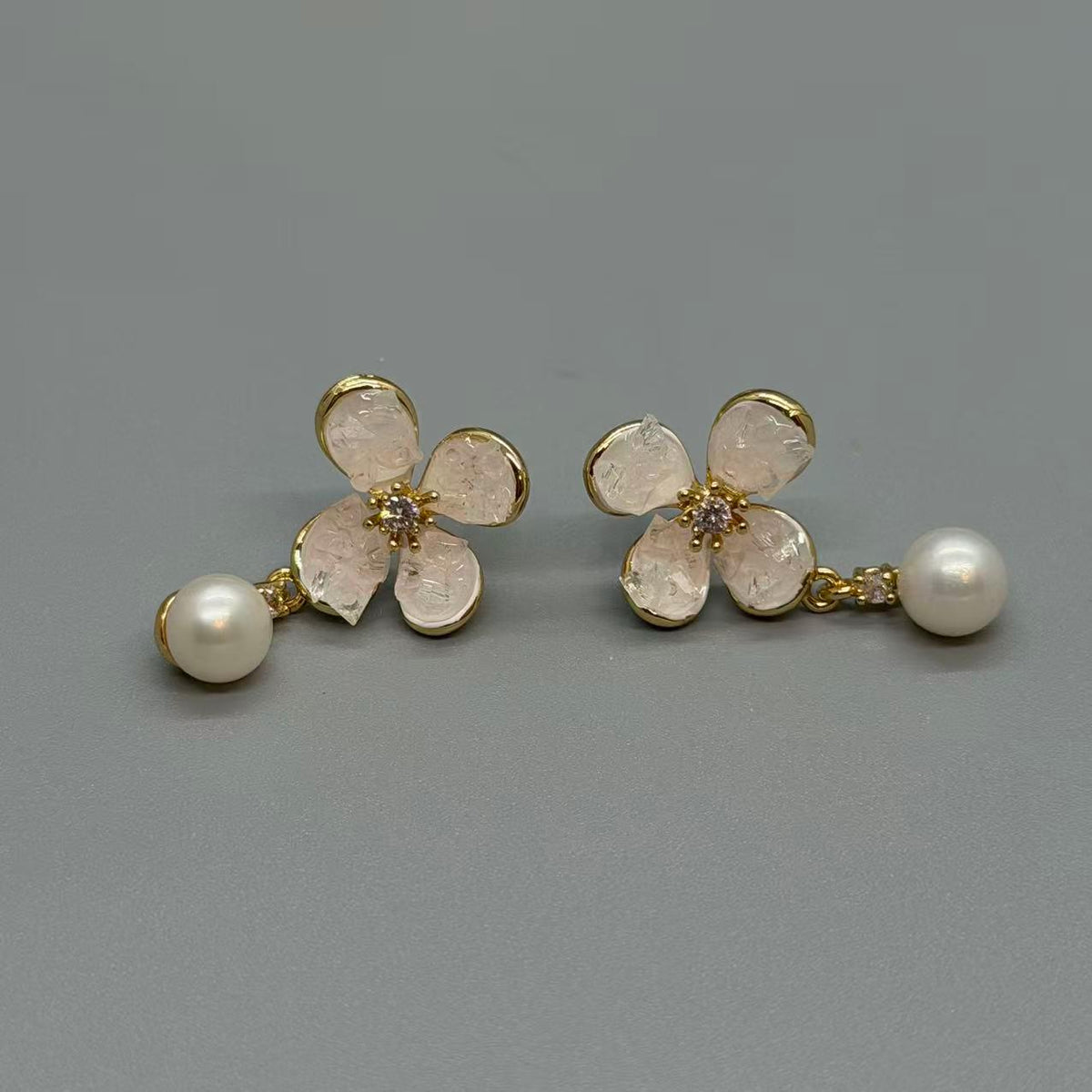 Flower Pearl Drop Earrings, Gold Floral Dangle Earrings, Elegant Bridal Wedding Jewelry Gift for Her