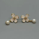 Flower Pearl Drop Earrings, Gold Floral Dangle Earrings, Elegant Bridal Wedding Jewelry Gift for Her