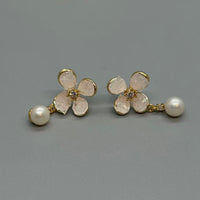 Flower Pearl Drop Earrings, Gold Floral Dangle Earrings, Elegant Bridal Wedding Jewelry Gift for Her