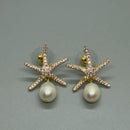 Freshwater Pearl Starfish Stud Earrings, Gold Plated Cubic Zirconia Ocean Jewelry, Beach Wedding Gift for Her
