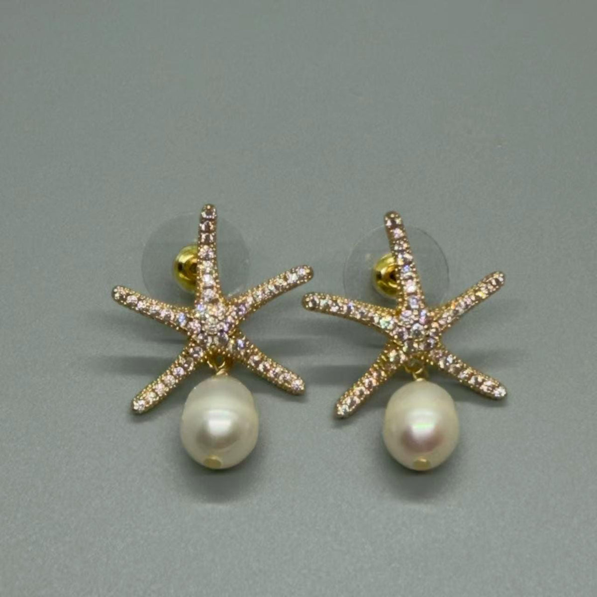 Freshwater Pearl Starfish Stud Earrings, Gold Plated Cubic Zirconia