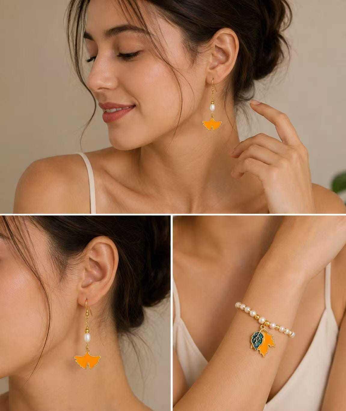 Autumn Maple Leaf Pearl Jewelry Set, Fall Bracelet and Dangle Earrings, Nature Inspired Gift for Her