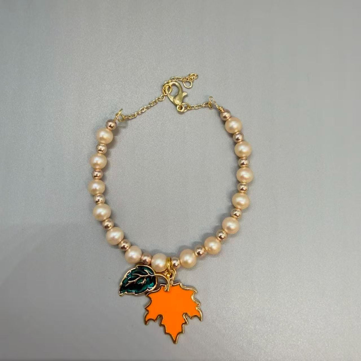 Autumn Maple Leaf Pearl Jewelry Set, Fall Bracelet and Dangle Earrings, Nature Inspired Gift for Her