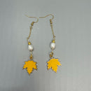 Maple Leaf Pearl Earrings, Gold Fall Dangle Earrings, Autumn Nature Inspired Jewelry Gift for Her