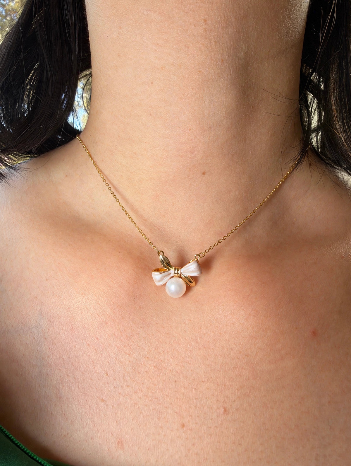 Bow Pearl Necklace, Gold Plated Mother of Pearl Bow Pendant Necklace