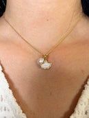 Ginkgo leaf pearl necklace with mother of pearl inlay pendant and freshwater pearl on gold plated chain
