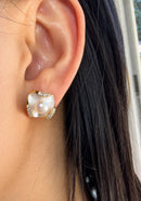 Gold plated mother of pearl seashell stud earrings with freshwater pearl center and crystal edges