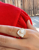 18k gold plated mother of pearl shell ring with freshwater pearl center and pave crystal edges