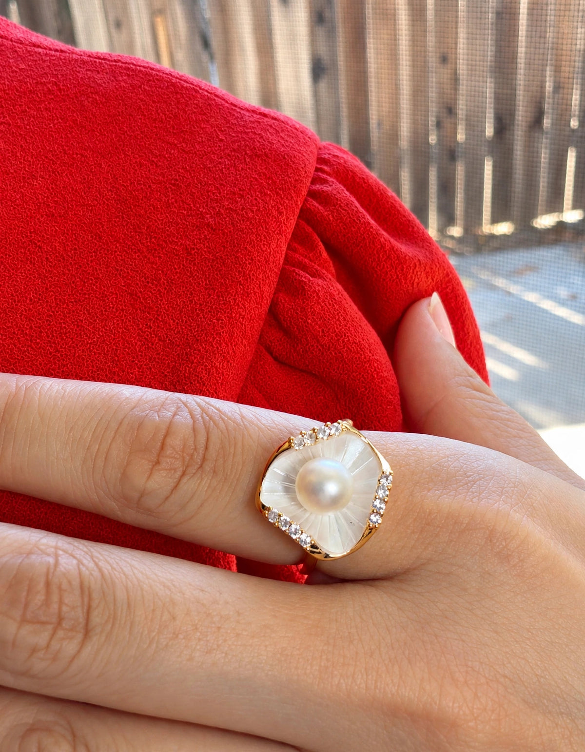 Shell Pearl Ring, Gold Plated Mother of Pearl Shell Ring with Freshwater Pearl