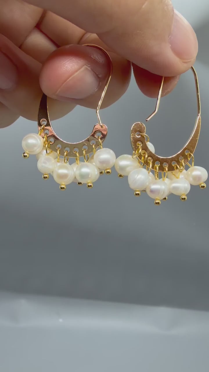 Freshwater Pearl Hoop Earrings with Gold-Tone Fringe