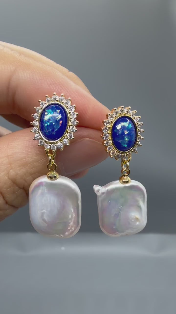 Gold Blue Crystal look Freshwater Pearl Drop Earrings Elegant Oval Statement Earrings for Women
