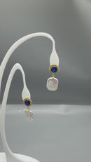 Blue Crystal Freshwater Pearl Drop Earrings, Gold Oval Statement Dangles, Elegant Jewelry Gift for Women